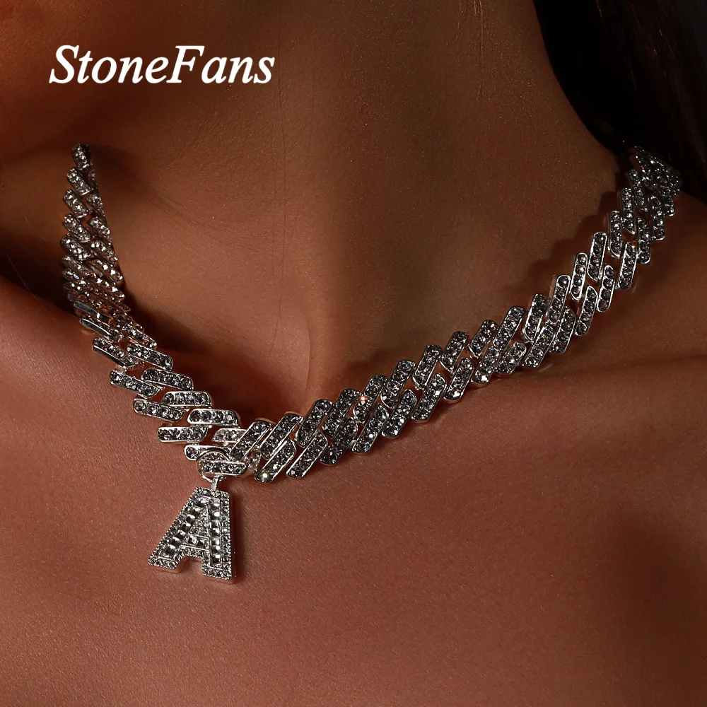 

Stonefans A-Z Intials Letter Necklace Cuban Link Chain Choker for Women Iced Out Rhinestone Letter Pendant Necklace Baguette