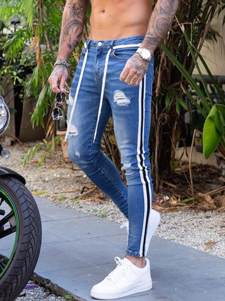 

Hot Sale Men's Ripped Tether Jeans Fashion Slim Denim Pencil Pants Street Hipster Trousers S-3XL Global Drop Shipping