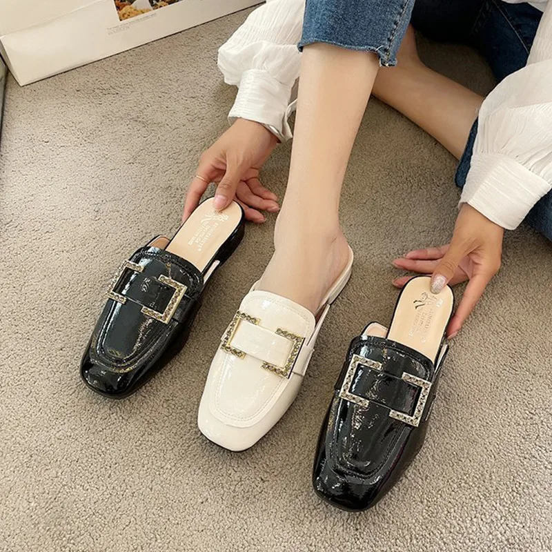 

Shoes Woman 2021 Slippers Soft Luxury Slides Cover Toe Low Pantofle Comfort Designer Summer New Rome PU Fashion Casual Hoof Heel