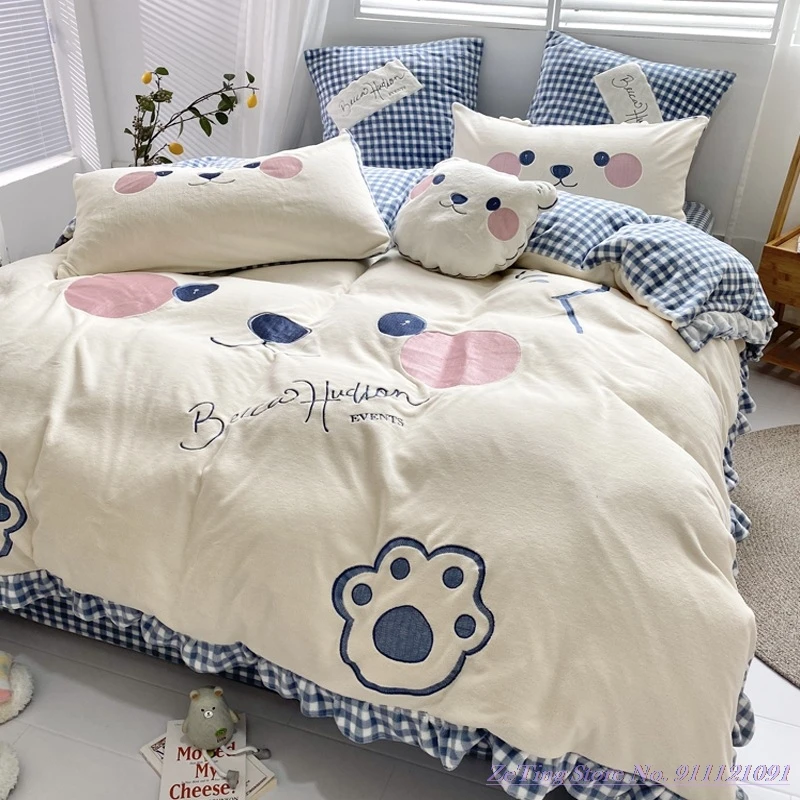

Cartoon Style 1.8m Bed Home Textile Coral Fleece 4pcs Bed Sheet Milk Fleece Thick Double-Sided Fleece Girl Quilt Cover 2.0m Bed
