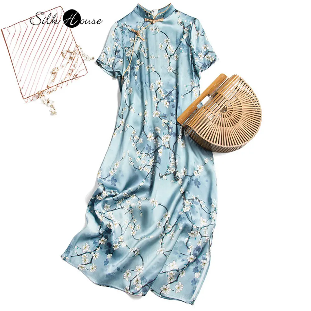 

High End Qipao Women's Temperament Long Elegant Heavy Silk Chinese Style Improved Mulberry Silk Medium Long Dress