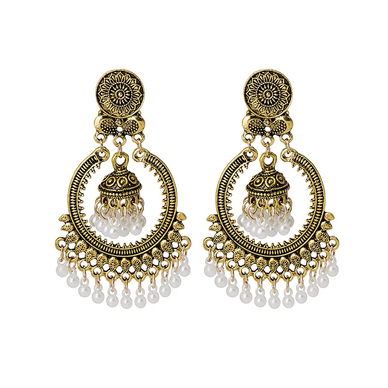 

Creative Bells Pearl Tassel Earrings Vintage Bohemian Lantern