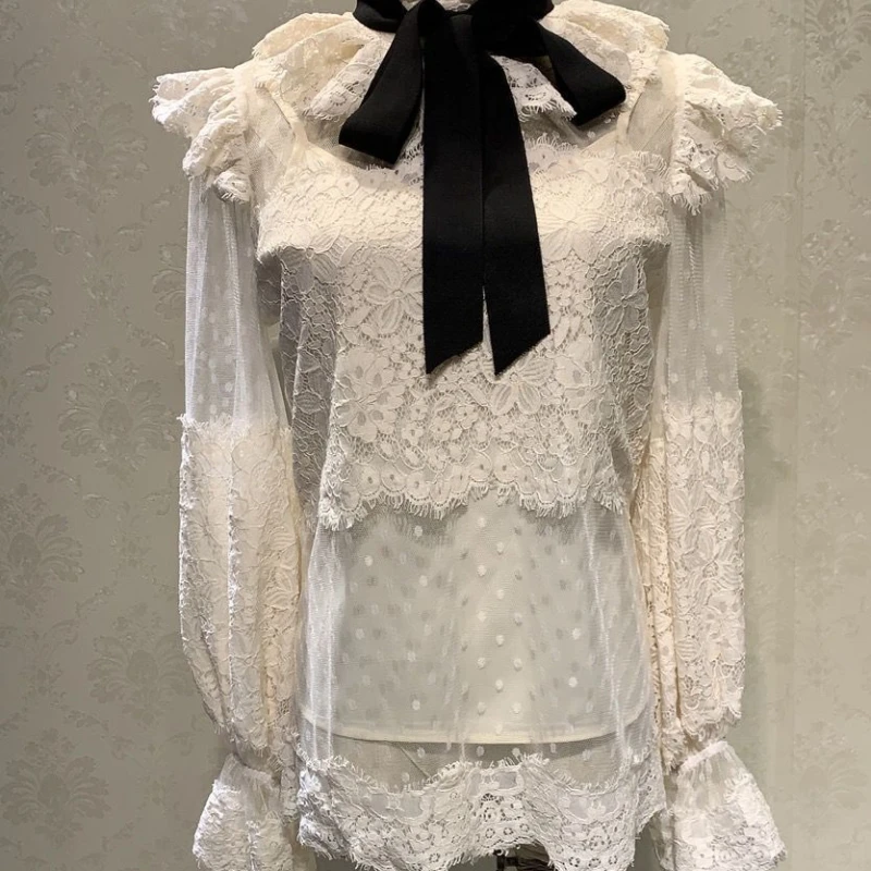 

2021 Spring Autumn New Beige Eyelash Lace Lantern Long Sleeve Shirt Loose Top Shirts