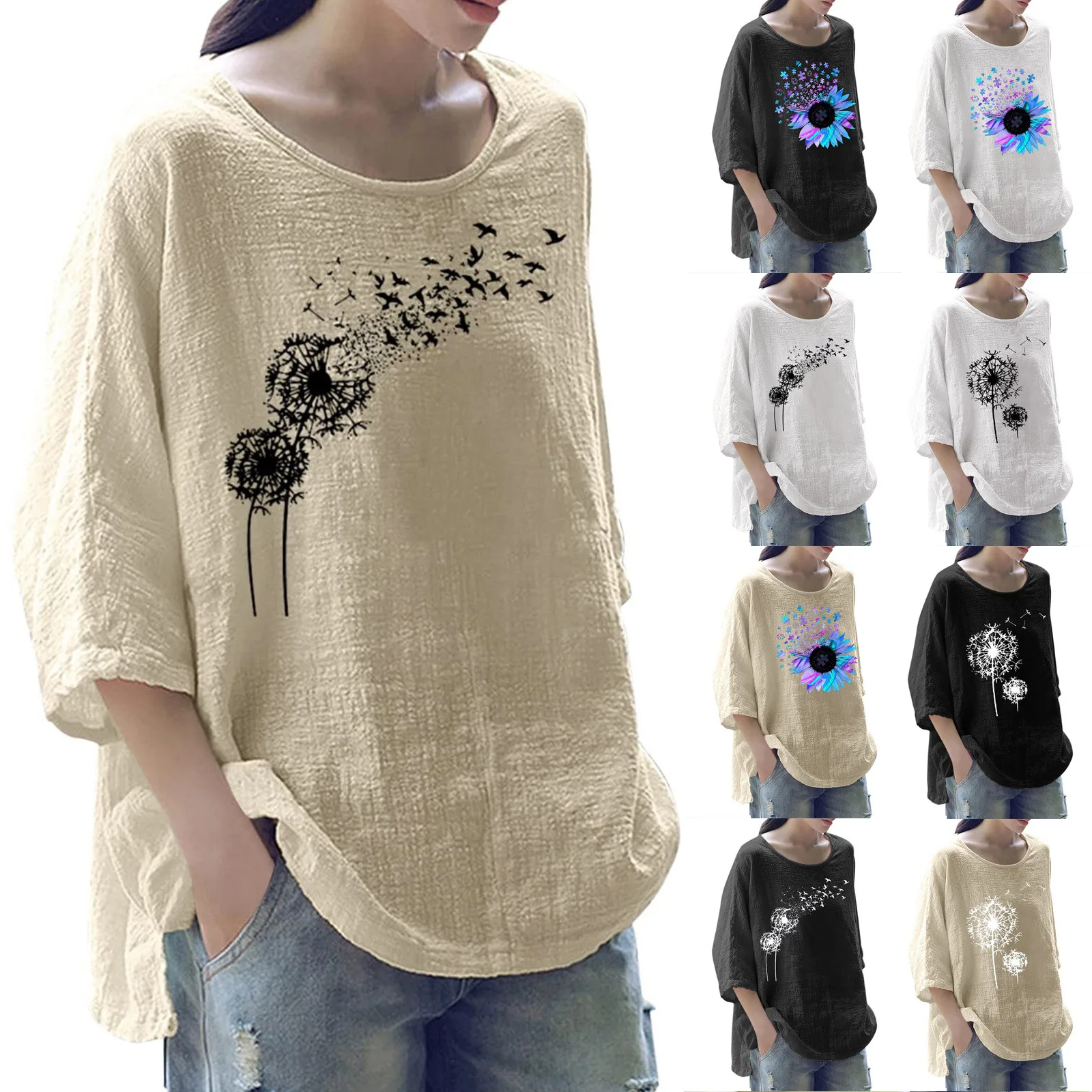 

Women's Cotton Linen Shirt Casual Buttoned Loose Beach Top Shirt Plus Size Dandelion Print Solid Color Women Футболка Женская