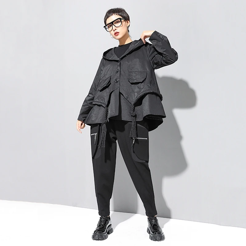 Шаровары женские черные на молнии с карманами и высокой талией Осень-зима 2020