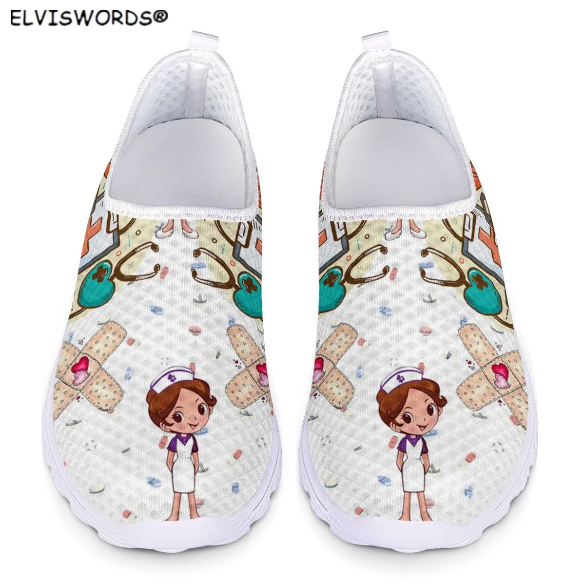 

ELVISWORDS Doctor Nursing Printed Breathable Ladies Flats Shoes Leisure Female's Walking Shoes Sneakers Soft Women Footwears