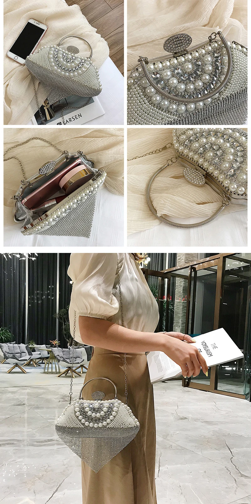 Newest tassel crystal women bag luxury imitation pearl evening bags wedding beaded day clutches small purse bag