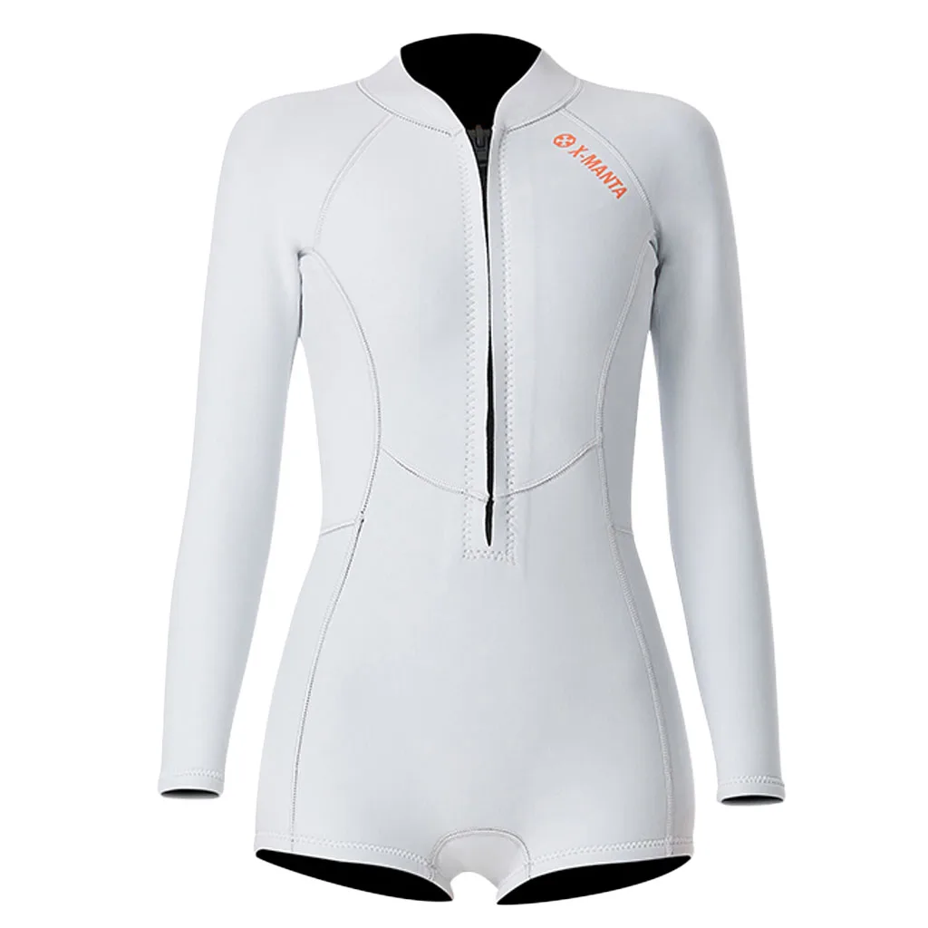 M White Women Bikini Long Sleeve Zip Elastic Neoprene Wetsuit Swim Suit Women Surfing Suit for Diving Water Sports - Color: M White