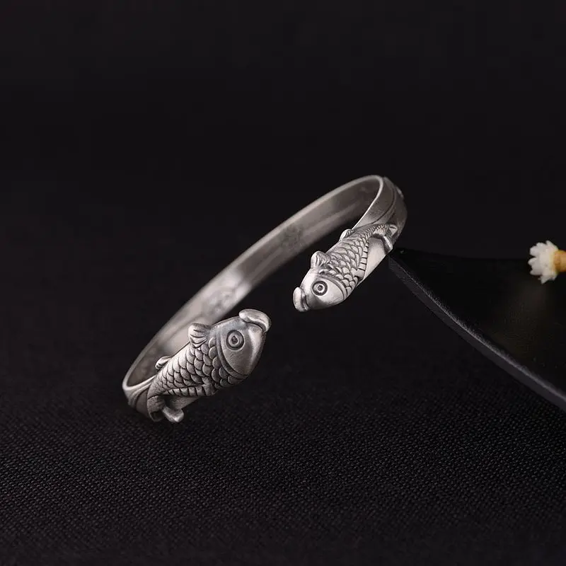 

Solid 990 Sterling Silver Vintage Matte Thai Silver Cuff Bangles for Women Simple Opening Retro Fish Bracelet Buddhist Jewelry