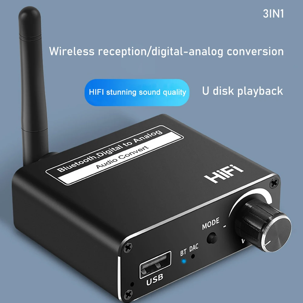 

Аудиоконвертер 3 в 1, приемник Bluetooth 5,0, U-диск, цифро-аналоговый волоконно-коаксиальный оптоволоконный адаптер HiFi 3,5 мм R/L AUX