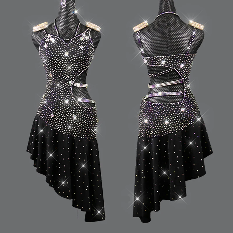 

Высококачественное платье для латиноамериканских танцев, женский сексуальный костюм для соревнований, стразы, женское платье с вырезом на ...