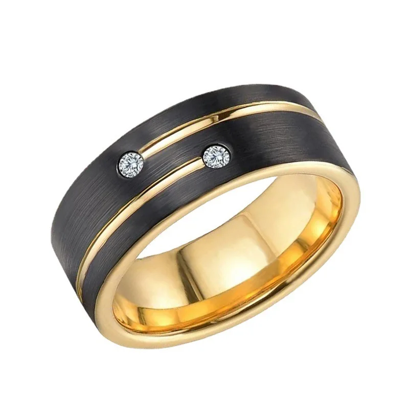 

New 8mm Men's Black Brushed Steel Ring Zircon Inlaid Gold Grooved Line Ring Fashion Men's Wedding Band Jewelry Size 6-13