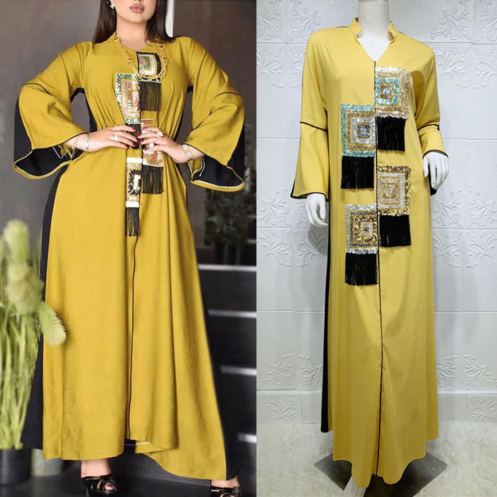 

Dubai Muslim Women Long Dress Tassel Sequin Arabic Abaya Islamic Clothing Turkey Middle East Maxi Robe Gown Ramadan Loose Kaftan