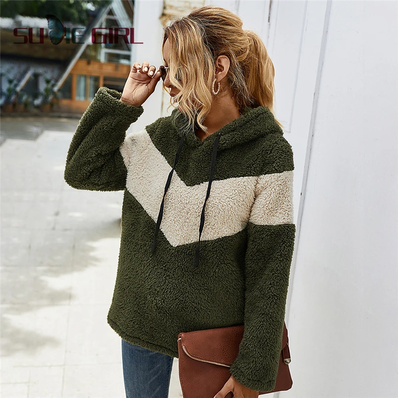 

SUDIE Girl Ladies retro style long-sleeve hooded top with striped print and contrast color pullover top