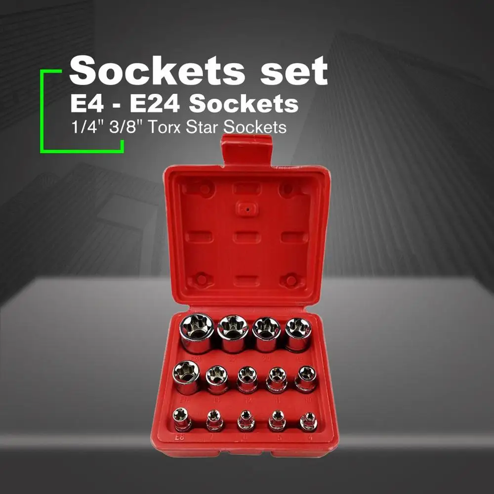 

14Pcs/set Female E Type Bit Sockets Wrench Head E4 - E24 1/4" 3/8" Torx Star Sleeve Set Auto Repair Hand Tools