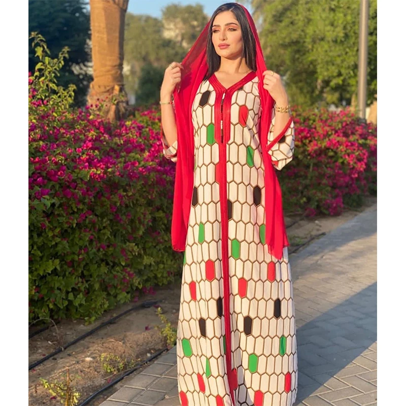 Женская этно-красная плетеная Абая с принтом, с длинным рукавом, свободная, мусульманское платье макси, Арабская, кувейтская одежда, исламск...