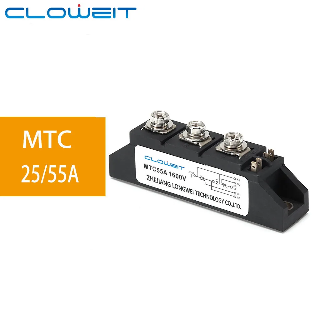 

Cloweit MTC 25A 55A Thyristor Converter Rectifier Module 1600VDC Single Phase Power Semiconductor Relays for AC-DC Motor Control