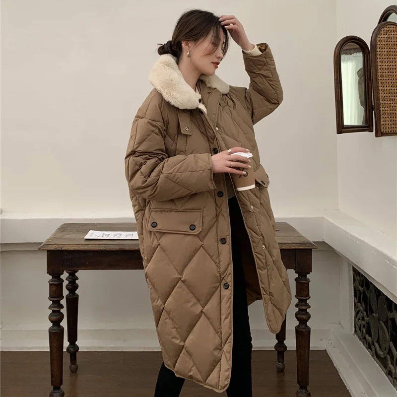 Loose down jacket women's mid-length white duck down 2021 winter new dark buckle female temperament fashion warm jacket Solid enlarge