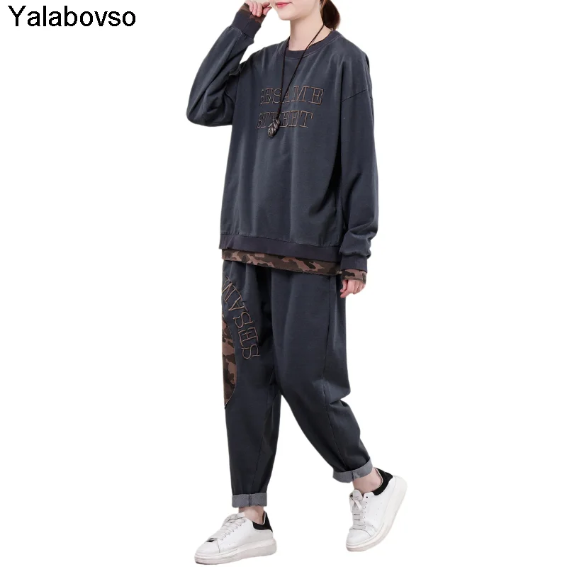 

2021 Spring New Two Piece Suit Loose Retro Camouflage Letter Embroidery Mother Casual Women Tracksuit Outfits Pant Suits