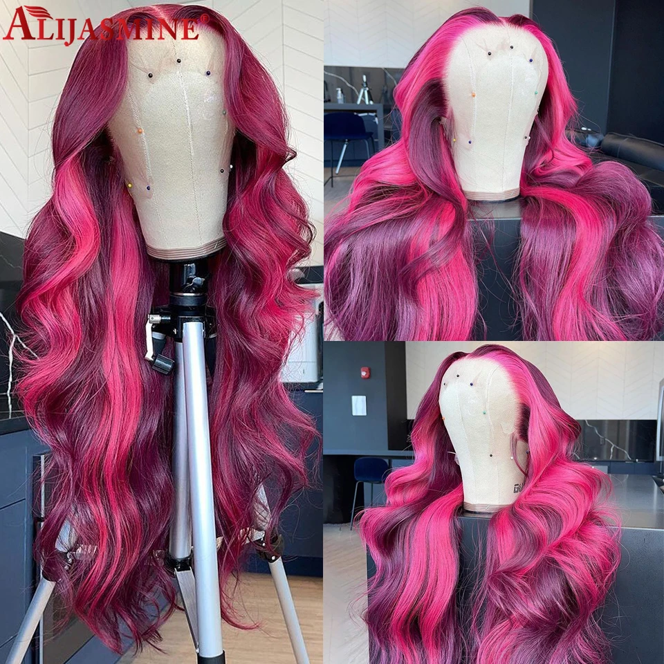 

Body Wave Rose Pink Highlight Wig Human Hair Brazilian 99J Red Burgundy Highlighted Human Hair HD Lace Frontal Wigs For Women