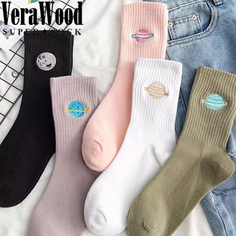 

5 Pair Funny Embroidery Socks Women Cute Planet Universe Creative Socks Female Girls Harajuku Winter Warm Sock EU 35-39