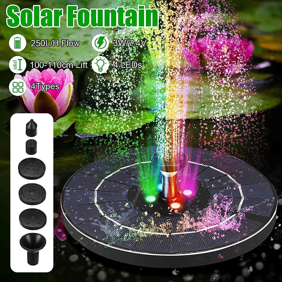 

7V/3W Solar Water Fountain Pump Colorful LED Lights Floating Garden Fountain Pump Swimming Pools Pond Lawn Decor