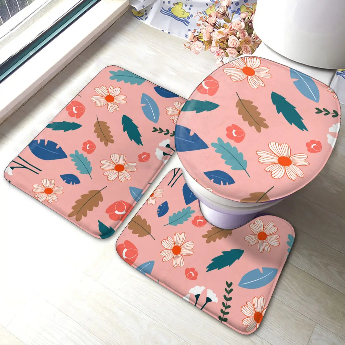 Flowers Bath Mat flowers Modern Polyester 3 Piece Bathroom Set Door Soft Rug | Дом и сад