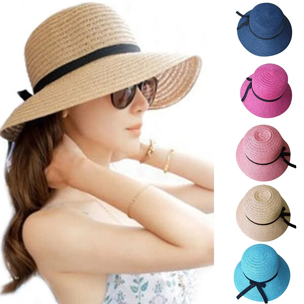 

Korean Foldable Ladies Women Hat Straw Beach Sun Summer Cap Beige Wide Brim Cap Casual Bowknot Dome Hat Sunscreen Straw Hat