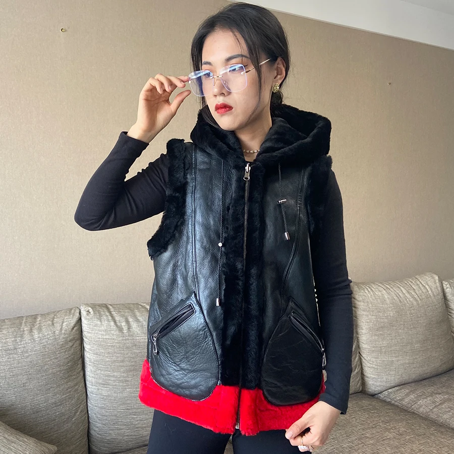 

Женский меховой жилет с капюшоном, зимняя теплая безрукавка из натуральной овчины