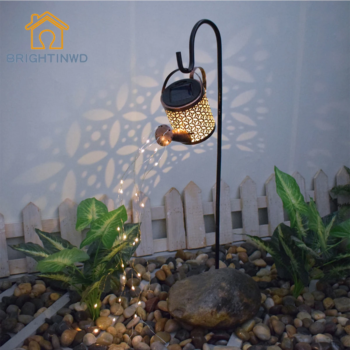 

Solar Powered Wrought Iron Hollow Out Lamp Watering Can Sprinkles Fairy Light LED Outdoor Garden Waterproof Shower Light Decor