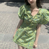 2021 the new womens floral green dress puff short sleeve ruffle vintage summer dress woman v neck elastic mini sexy dresses