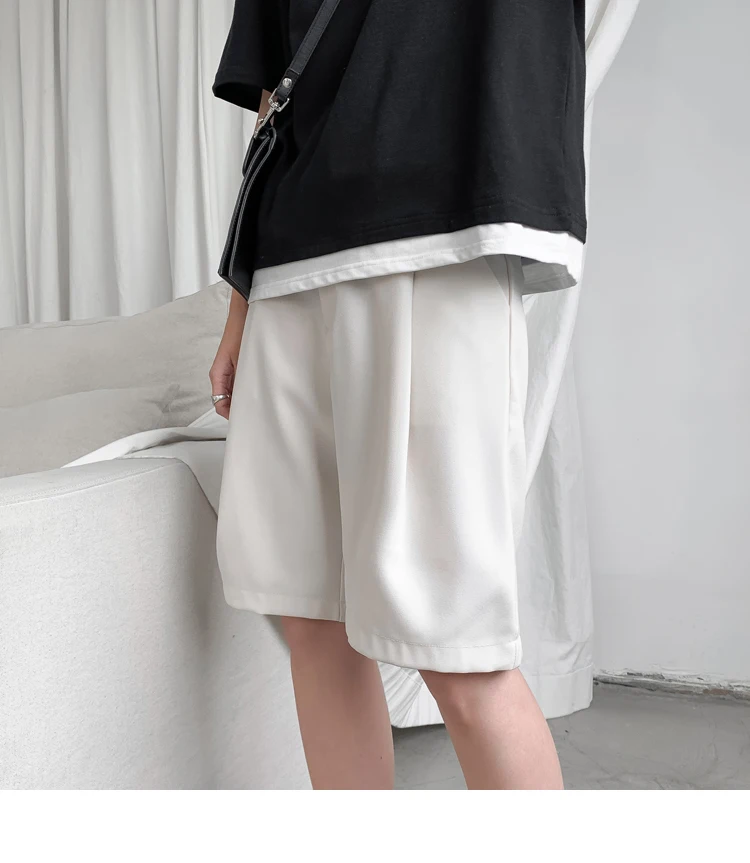 

Korean Men's Shorts Straight Fit Knee-Length Suit Pant Solid Beige Black Summer Clothing Student Thin Loose Casual Mens Shorts