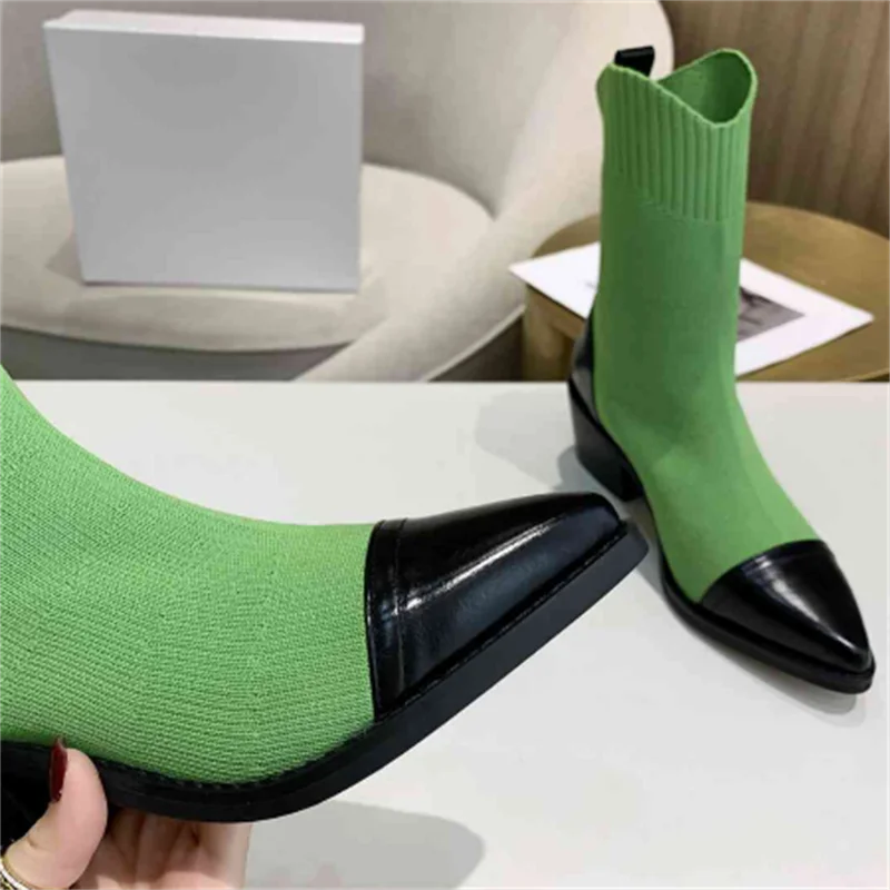 

Sock Women Boots Ankle Female Shoes Pointed Toe Botas De Mujer Knitting Solid Boots High Quality Luxury Brand Bottine Femme