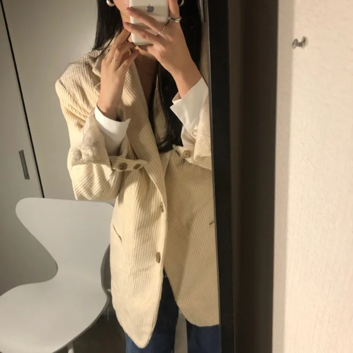 

Handsome Boyfriend Style Casual Loose All-Match Retro Autumn and Winter Warm Korean Ins Long Sleeve Suit Coat Top Women