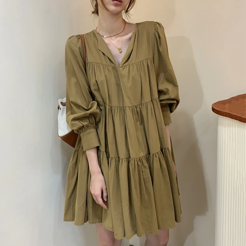 

Oversize Loose-Fit Female Summer Mini Dress 2021 Trendy Pleated V-neck Full Sleeve Shirt Dresses Vestidos De Mujer Casual