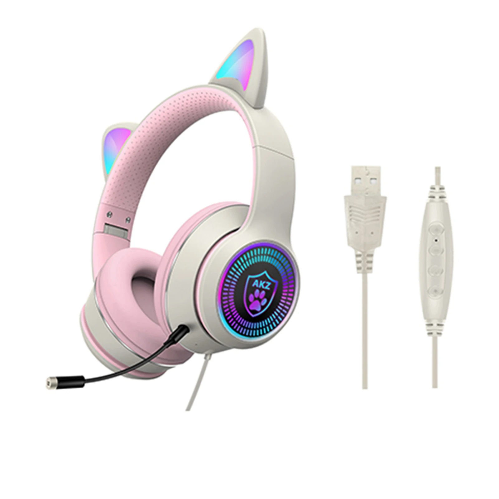 

Gaming Headset Cute For PC Laptop Lightweight USB Wired Cat Ear Ergonomic Gift Travel Foldable Fashion HiFi Stereo RGB Light