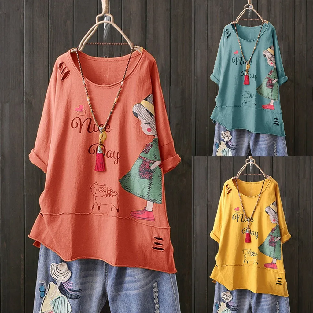 Футболка женская с круглым вырезом Модный хлопковый льняной топ мультяшным