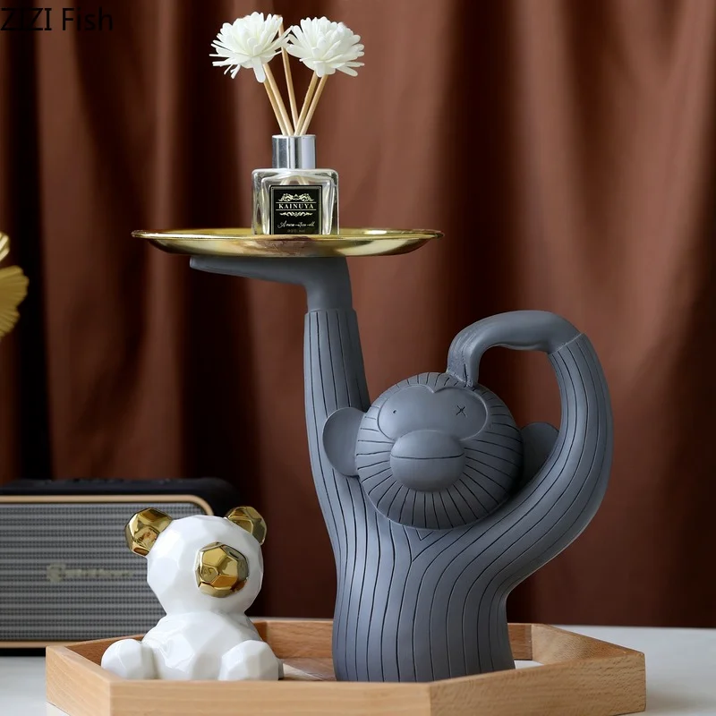 

Creative Resin Monkey Tray Cartoon Animal Sculpture Figurines Crafts Jewelry Small Objects Storage Tray Desktop Home Decoration