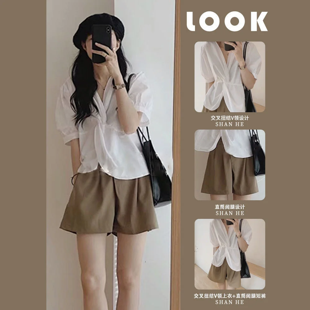 

Женский летний костюм, новинка 2021, рубашка в западном стиле, прикрывающая живот, тонкие универсальные повседневные шорты, костюм из двух пре...