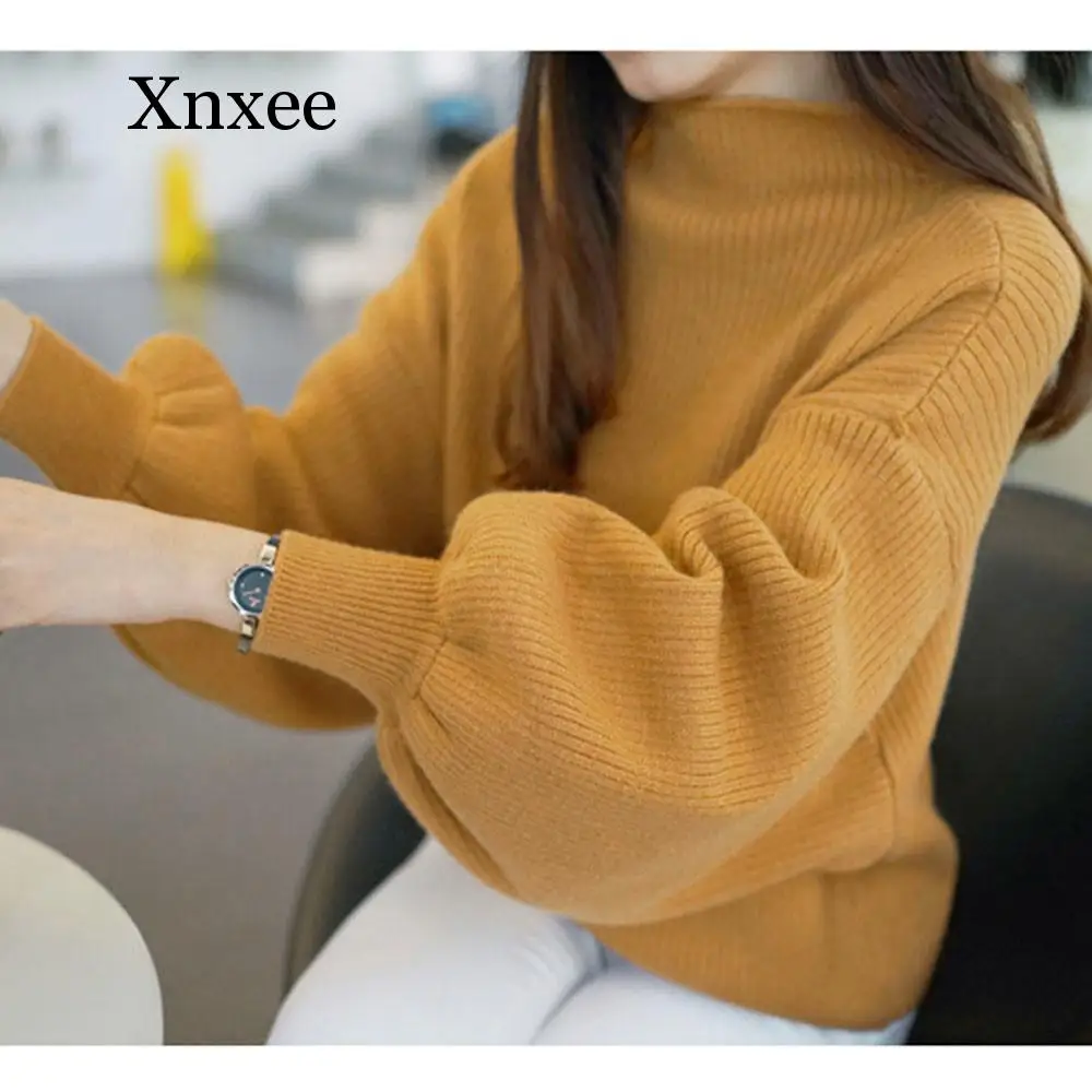

2020 Loose Winter Sweaters Fashion red white Turtleneck lantern Sleeve Pullovers Loose Knitted Sweaters Female Jumper Tops