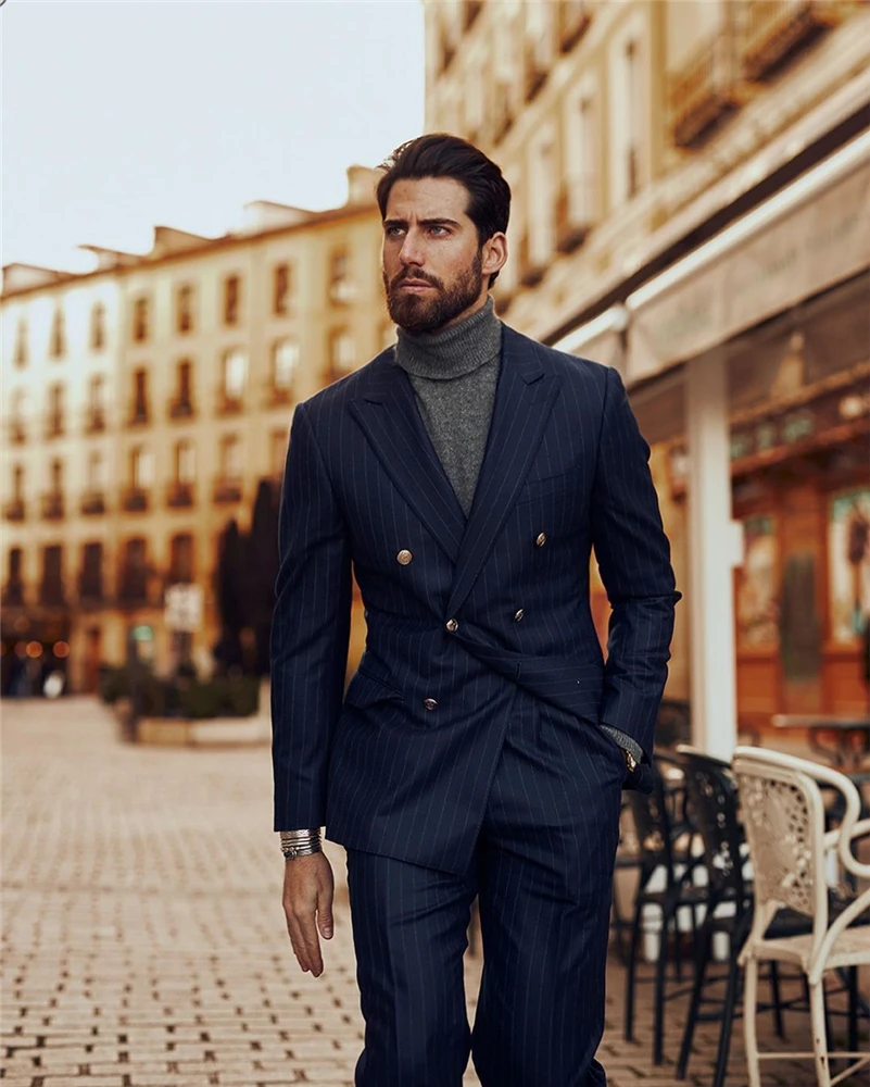 

Navy Blue Pinstripe Business Mens Coat Pants Suits High Quality Double Breasted Tuxedos Suits For Men Prom Dinner Wedding Blazer