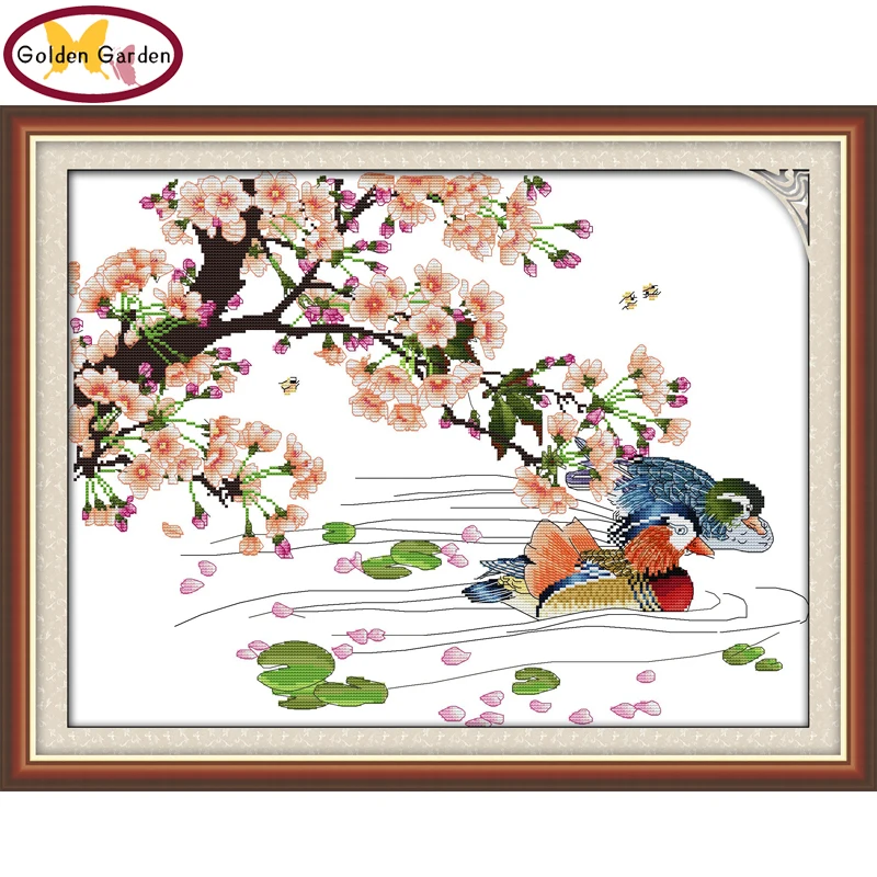 

GG Mandarin Duck Flower Cross Stitch Kits Embroidery Needlework Sets Craft Counted Wedding Cross Stitch Patterns for Home Decor