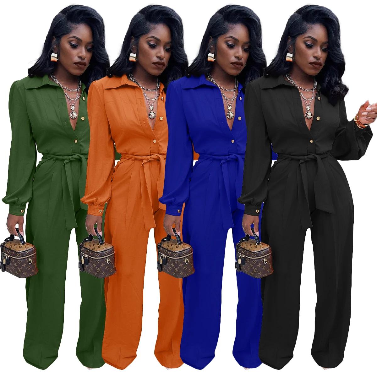 

Elegants Women Long Sleeves Jumpsuits Sash Single-breasted Loose Casual Cargo Pants One Pieces Rompers Spring Autumn Outfit