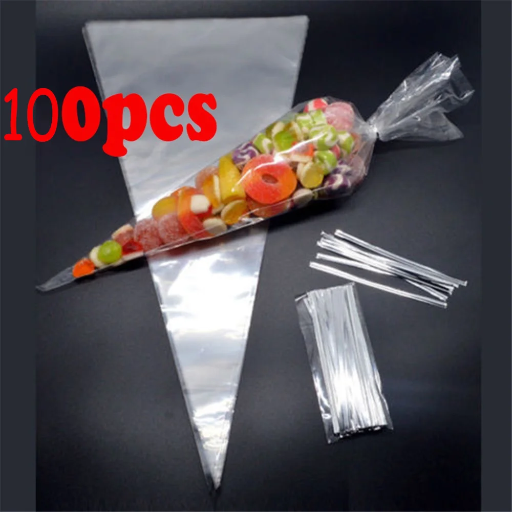 

100pcs/Lot DIY Candy Bag Wedding Favors Birthday Party Decoration Sweet Cellophane Transparent Cone Storage With Organza Pouches