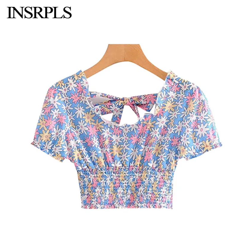 INSRPLS женские винтажные милые укороченные блузки с цветочным принтом и рюшами