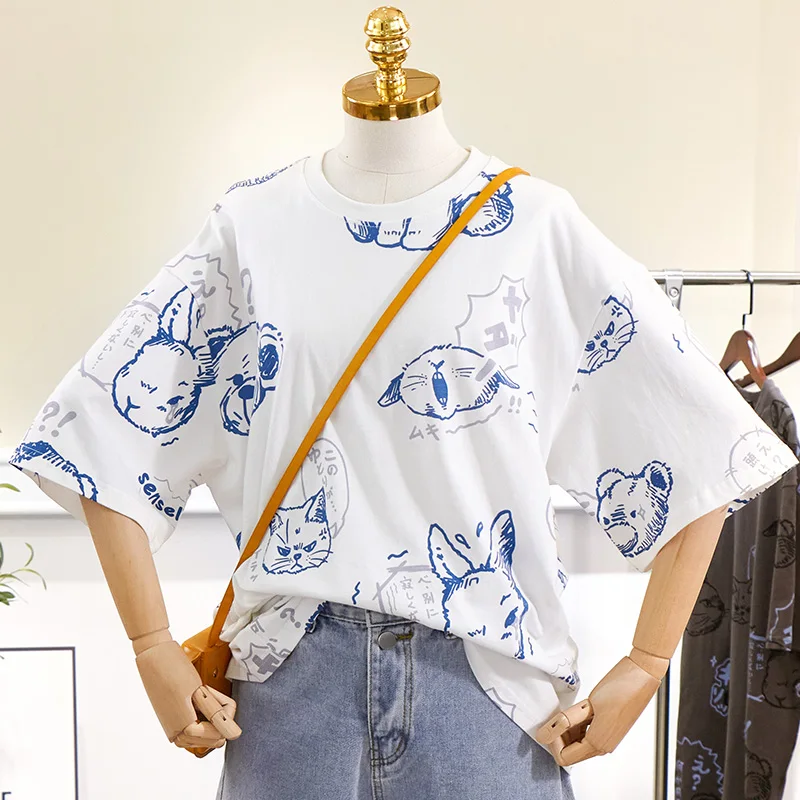 

Zoenova Kawaii Printed Pattern T-Shirt Ladies White Black Summer Half Sleeve Tops Large Size Cute 100 % Cotton Indie Clothes