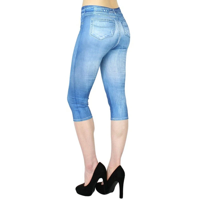 

Новинка, имитация джинсов, леггинсы для женщин, стрейч, с принтом, короткие леггинсы размера плюс, укороченные штаны, летние бриджи, высокая ...