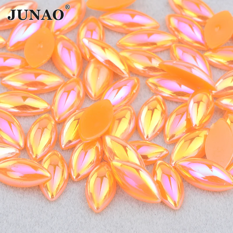 

JUNAO 5*10mm 7*15mm Orange AB Flat Back Pearl Half Pearl Sticker Glue On Crystal Strass Acrylic Stones For Decorations