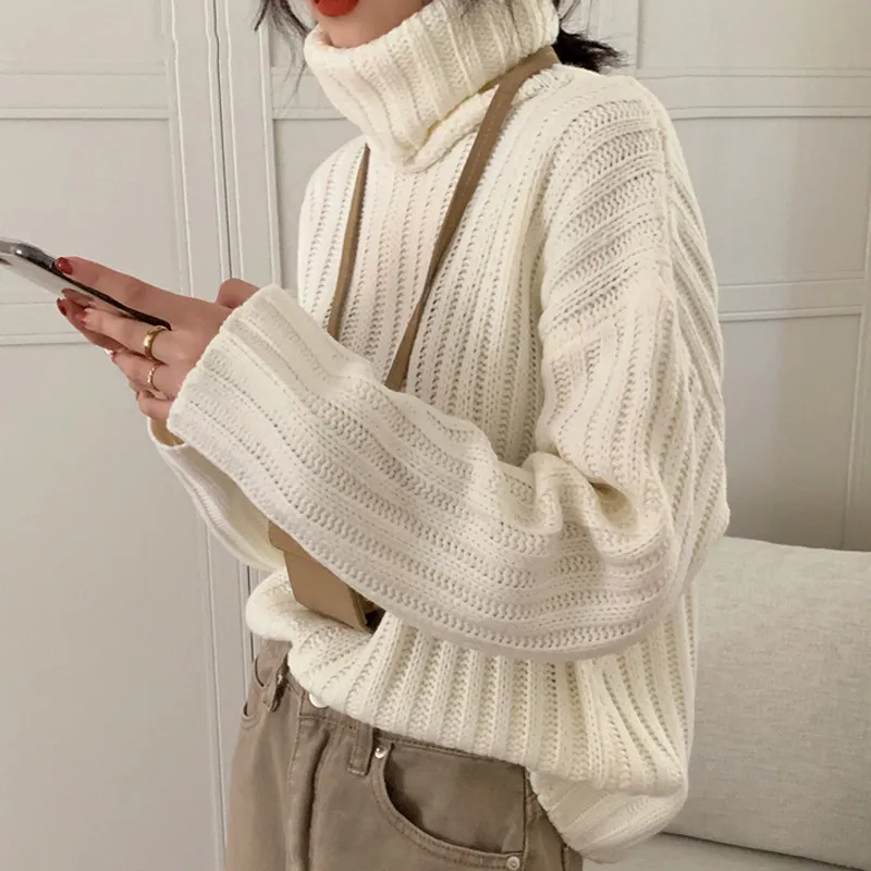 

Aibeauty Casual Solid Knitwear Tops Vintage Knitted Jumpers Long Sleeve Female Loose Warm Turtleneck Pullover Women Sweaters