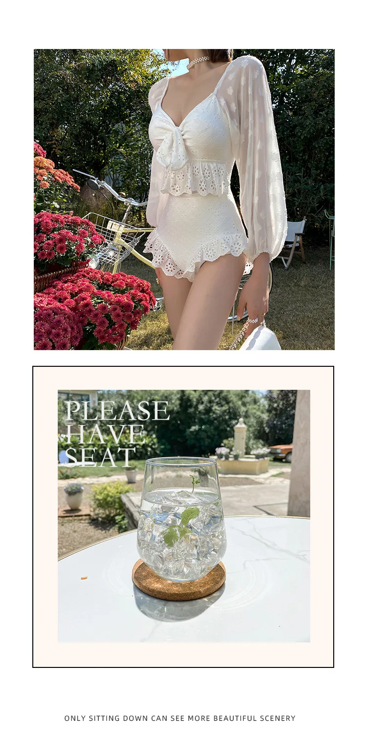 2021 new Korean ins wind swimsuit feminine halter back thin cover belly Siamese bubble sleeve hot spring bikini